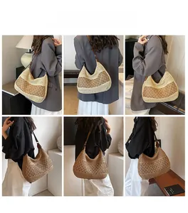 Detail of hand-woven straw tote bag with brown leather straps and cutout patterns