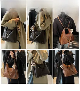 Multi-way vintage PU leather backpack for women shown in various carrying styles