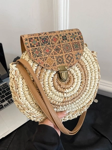 Women Bohemian Round Straw Crossbody Bag With Retro Floral Printed Cork Cover Ethnic Weaving Shoulder Bag Vacation Beach Purse