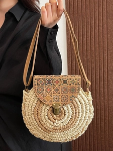 Artistic round straw crossbody bag with colorful tile pattern flap and metal lock