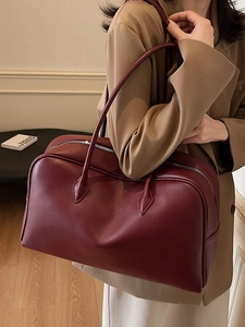 Deep burgundy lychee leather large capacity Boston shoulder bag for women's daily commute