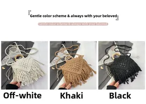 Detail view of woven cotton macrame bags with wooden handles in three colors