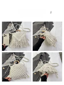 Detailed views of a beige bohemian crochet bag with wooden handles and fringe decor