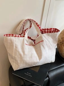 Korean Style Canvas Tote Bag With Gingham Lining Embroidered Slogan Large Capacity Shoulder Bag For Women School Commute