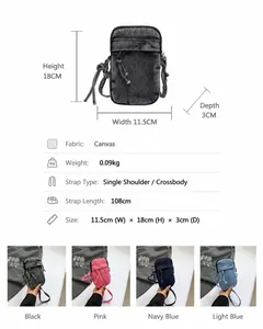 Detailed dimensions and manual measurements of the denim crossbody phone bag