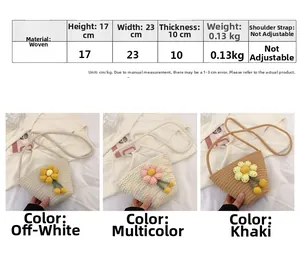 Size chart for hand-woven floral bucket bag featuring detailed dimensions and fabric specifications