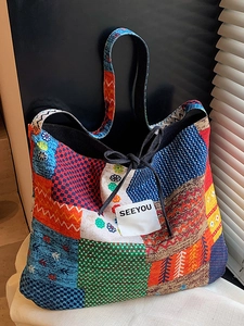 Bohemian Ethnic Style Patchwork Large Capacity Tote Bag For Women Denim Canvas Shoulder Bag Lightweight Versatile Handbag