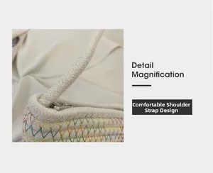 Close-up of woven cotton bucket bag with colorful stitching and comfy shoulder strap