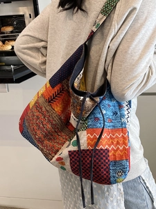 Bohemian patchwork tote bag with large capacity and drawstring closure for women