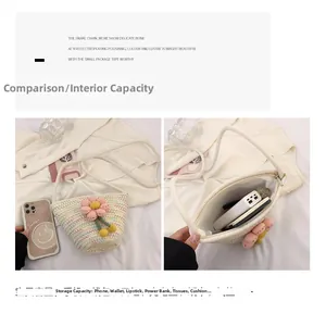 Internal view of floral crochet bucket bag showing capacity for phone and cosmetics