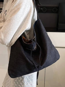 Large bohemian patchwork tote bag in dark grey denim canvas featuring double-sided design