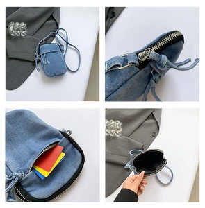 Detailed views of mini washed denim crossbody bag featuring metal zippers and front pocket