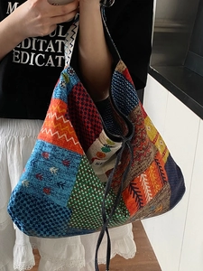Bohemian patchwork tote bag with large capacity and colorful ethnic patterns for women