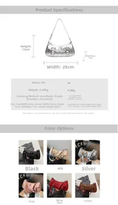 Size chart for the PU underarm bag showing dimensions and color options in a detailed layout