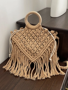 Bohemian Woven Crossbody Bag For Women Round Wooden Handle Tassel Fringe Hollow Out Design Summer Vacation Beach Handbag
