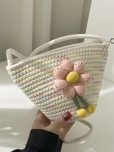 Women Cute Woven Flower Crossbody Bag Sweet Forest Style Crochet Bucket Bag Handmade Cotton Rope Shoulder Bag For Summer Travel