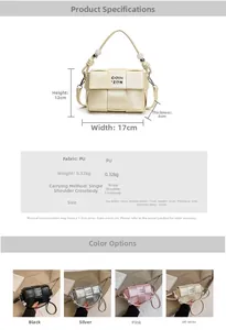 Detail of woven texture PU leather crossbody bag with metal logo and size dimensions
