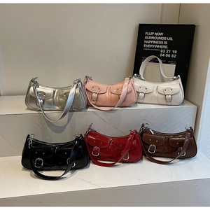 Assorted Y2K style patent leather underarm bags in six colors with double front pockets
