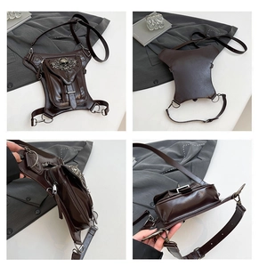 Détails d'un sac de jambe punk gothique avec relief tête de mort et rivets décoratifs