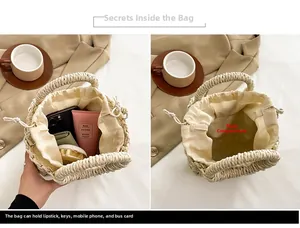 Detail view showing the spacious interior of the straw bucket bag with drawstring closure