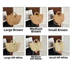 Comparison of woven straw tote bags in various sizes with round handles and crossbody straps
