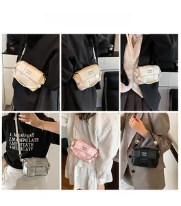 Multiple views of mini woven leather crossbody bag in cream, pink, silver, and black