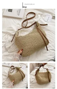 Detailed close-up of handmade beige woven straw tote bag with brown leather straps