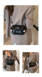 Detailed views of a black woven crossbody bag with pearl handle and logo text design