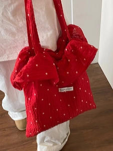 Sweet red ruffled chiffon tote bag with white floral pattern and shoulder strap