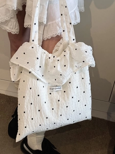 White ruffle pleated tote bag with floral print and Magic Pocket label for women