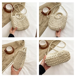 Detail shots of beige woven straw bucket bag from multiple angles with drawstring closure