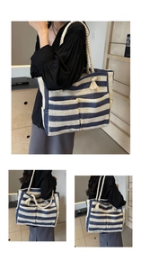 Detail of blue and white striped woven tote bag with rope handles and front pockets