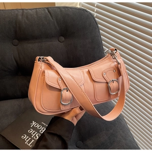 Pink retro baguette underarm bag with double pockets and silver metal buckles detail