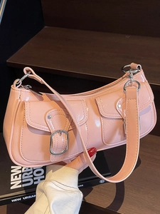 Vintage Y2K Double Pocket Underarm Bag Glossy PU Leather Shoulder Bag For Women Street Trend Fashion Small Tote Handbag