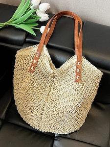 Women Woven Straw Shoulder Tote Bag Chic Vacation Beach Handbag Artistic Casual Lightweight Patchwork Leather Handle Large Shopping Bag