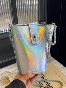 Holographic silver bucket bag with chain strap and metallic twist lock for women