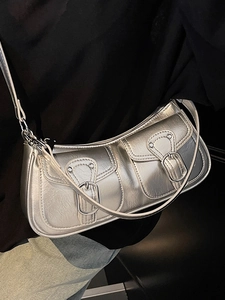 Metallic silver underarm bag with double pockets and adjustable shoulder strap for women