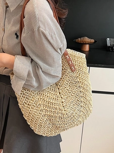 French style straw tote bag with brown leather straps for summer beach vacation