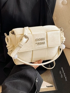 Women High-End Fashion Woven Crossbody Bag PU Leather Small Square Bag With Metal Letter Artificial Pearl Knot Decor Handheld Bag