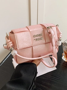 Pink woven leather square handbag with metal letters and white beads detail for women