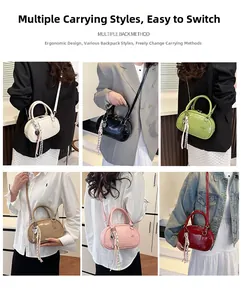 Collage of chic patent leather bowling bags showing various colors and styling options