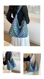 Three-way view of multi-color checkered tote with frayed edges in a modern home setting