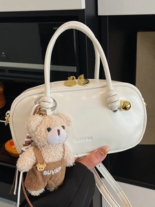 Women Korean Style Mini Boston Bag Minimalist PU Leather Crossbody Bag Versatile Solid Color Handbag With Bear Charm Elegant Commuter Shoulder Bag