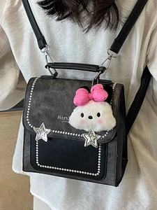Chic black and grey mixed small backpack with silver studs and star metal buckles