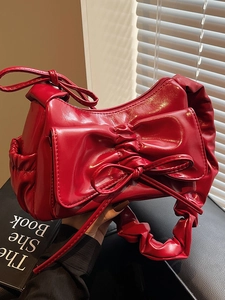 Borsa a Tracolla Donna con Fiocco Pieghettato Stile Coreano Balletcore in Pelle PU Lucida Borsa Sottobraccio Moda Pendolare