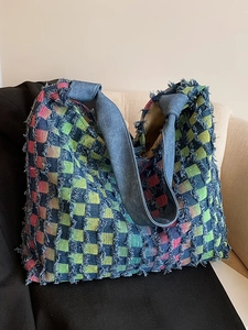 Niche Design Denim Checkerboard Tote Bag Large Capacity Fringe Tassel Shoulder Bag Retro Contrast Grid Hobo Handbag For Women