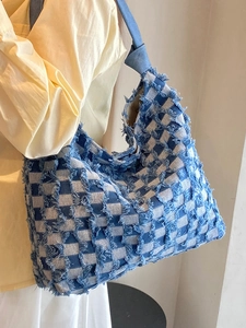 Blue denim checkerboard tote bag with frayed edges and large capacity for women