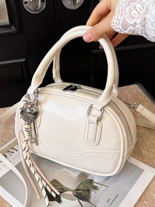 Trendy PU Leather Boston Bag For Women Minimalist Bowling Handbag Versatile Casual Crossbody Bag With Woven Rope Pendant