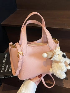 Women Minimalist Litchi Grain PU Leather Bucket Bag All-match Daily Commuting Crossbody Bag Handbag With Plush Toy Charm