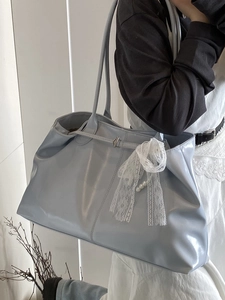 Minimalist light blue large tote bag with lace bow and pearl charm for women